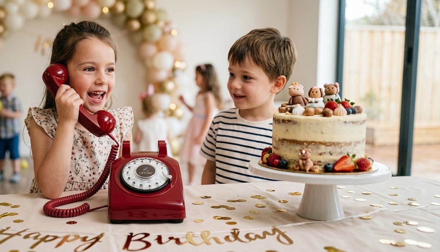 Child laughing on the LYRON phone at a birthday party