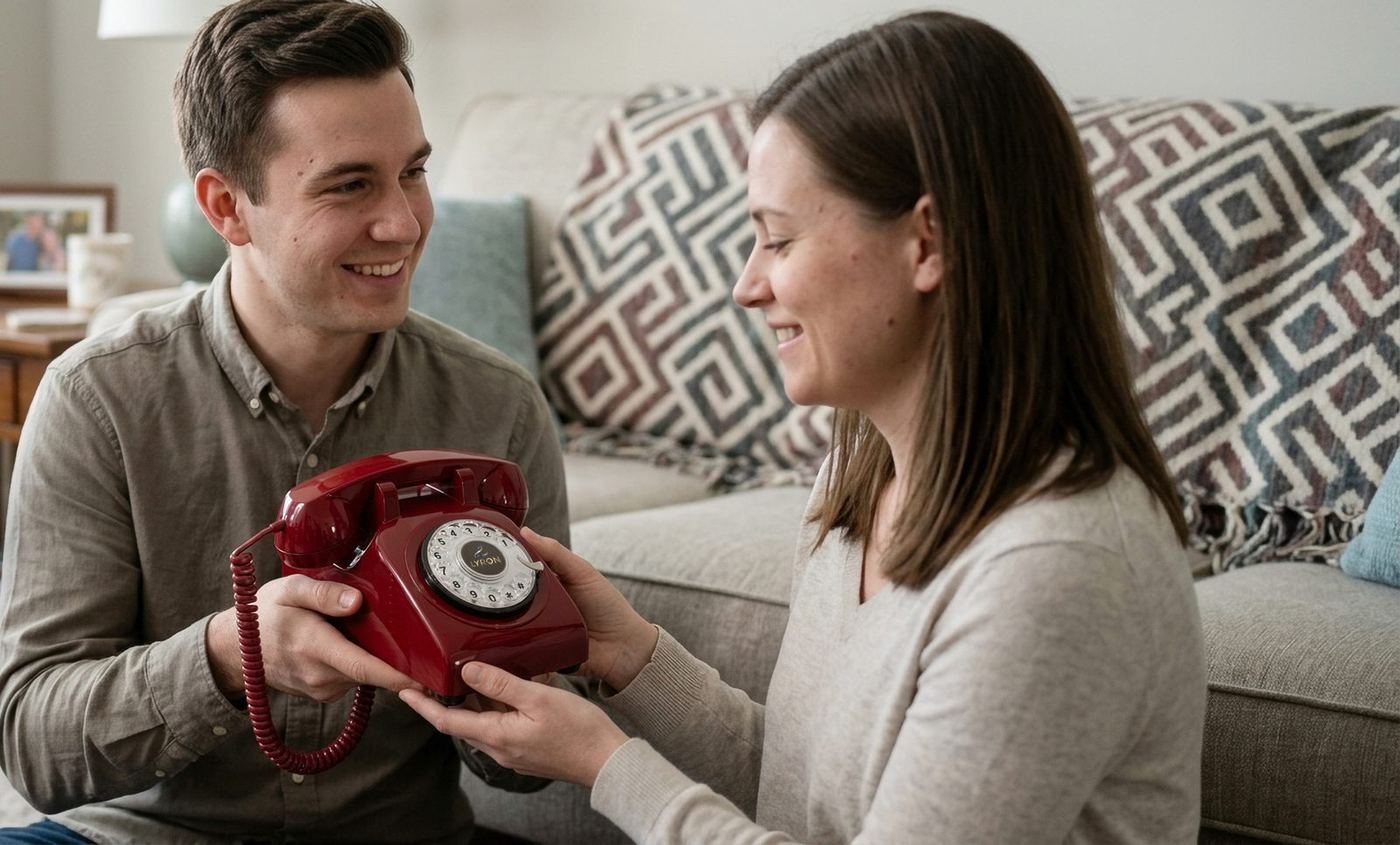 Couple unwrapping the LYRON phone as a gift