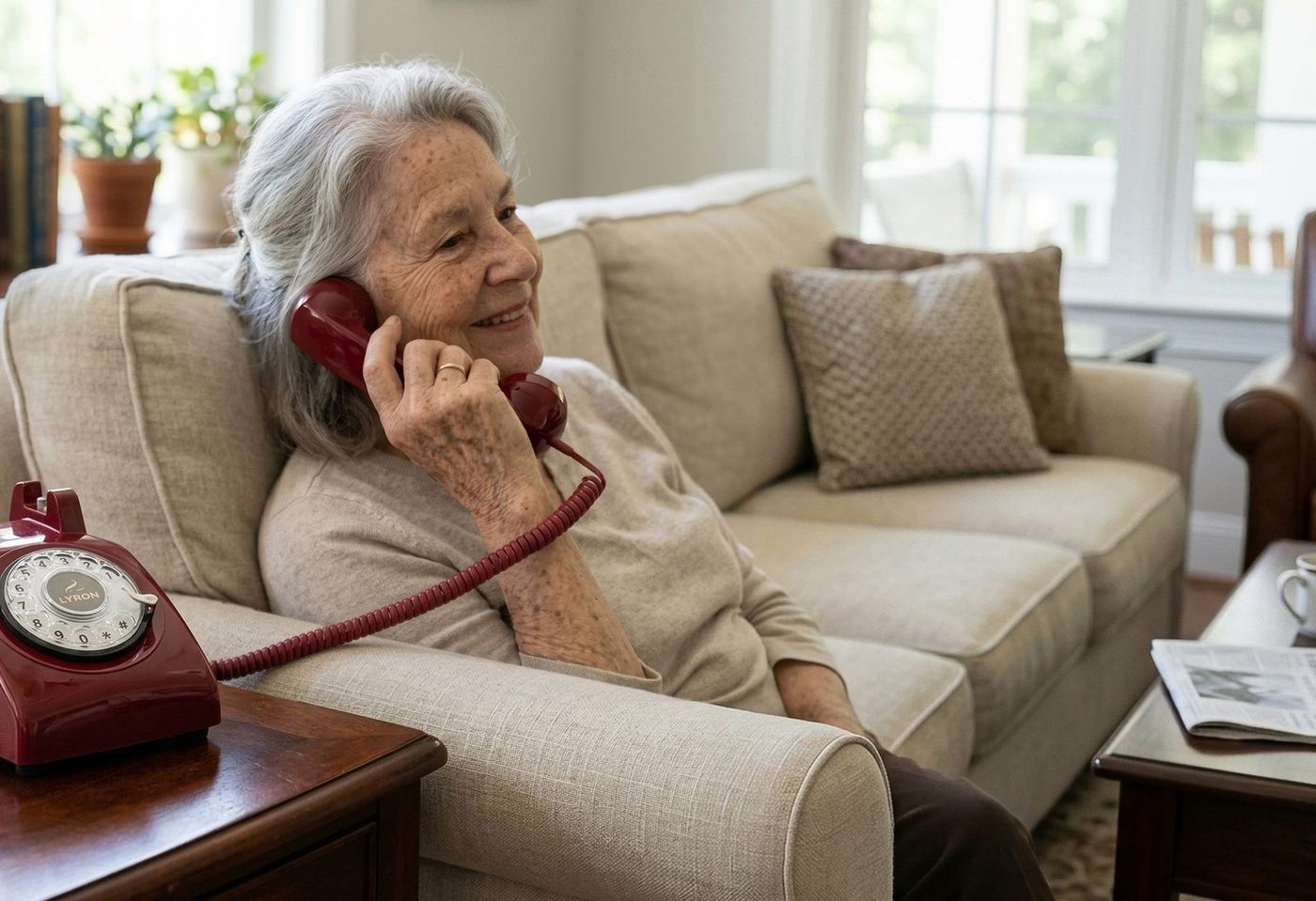 Grandmother talking on the LYRON phone in her living room