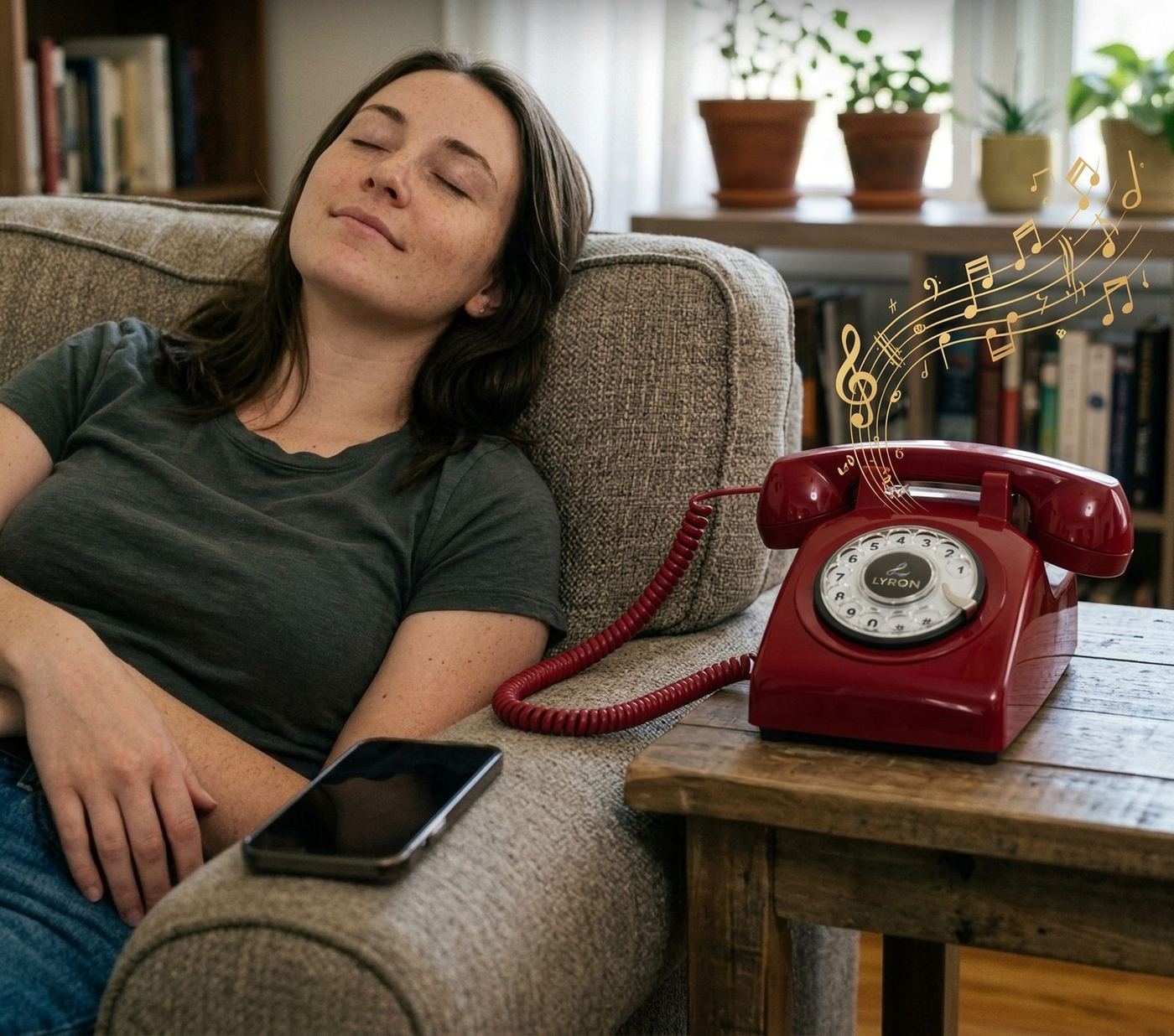 Woman relaxing while music plays from the LYRON phone