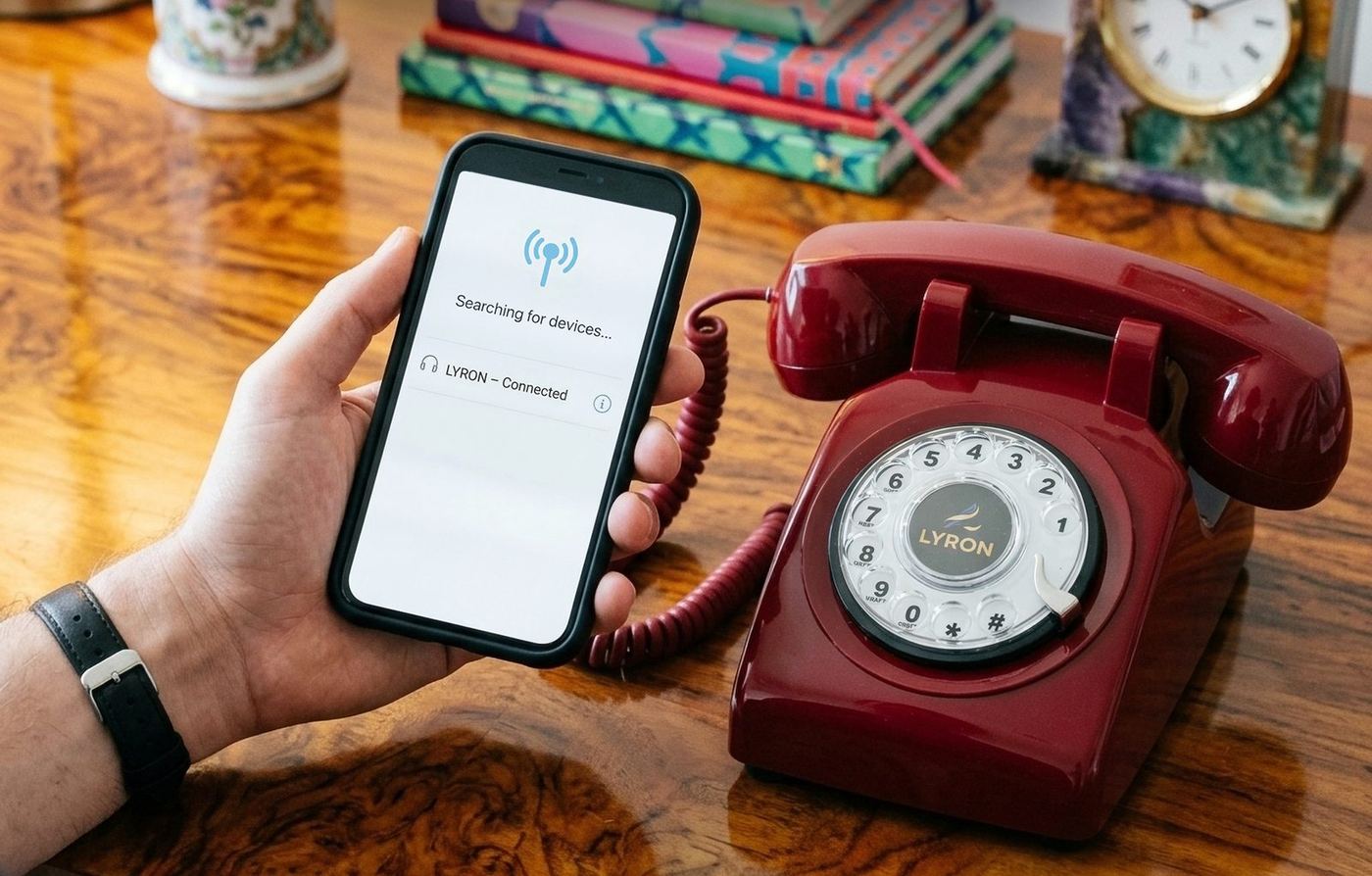 Hand holding a smartphone pairing with the LYRON phone