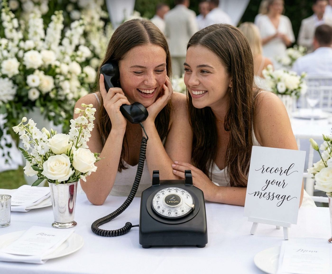 Two wedding guests leaving a message on the Classic Black LYRON phone